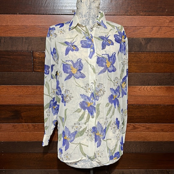 Byer California Tops - Byer Studio Collared Long Sleeve Sheer Cream Floral Button Down Blouse